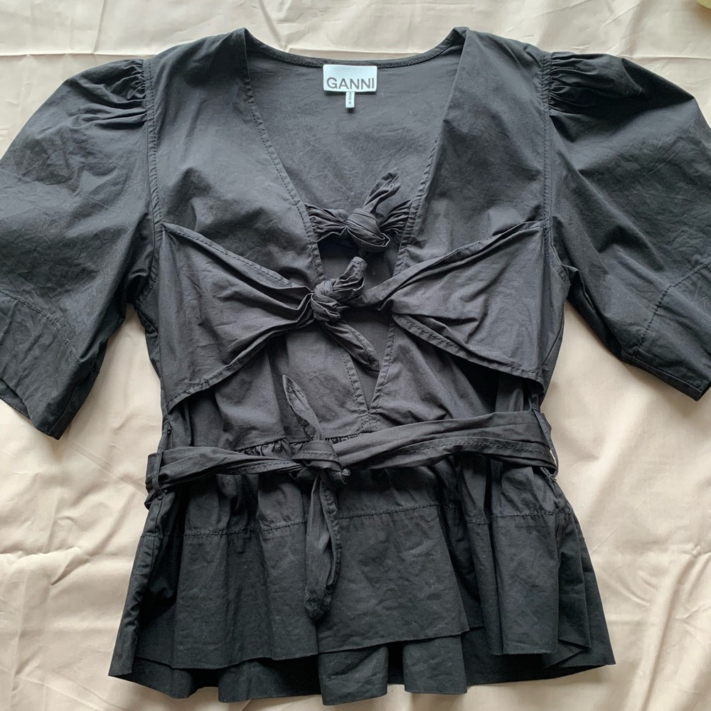 Ganni Black Tie-Front Puff Sleeve Blouse